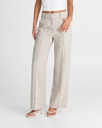 Damen High Waist Hose mit weitem Bein und Biesennaht – beige melierte Stoffhose