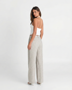 Damen High Waist Hose mit weitem Bein und Biesennaht – beige melierte Stoffhose