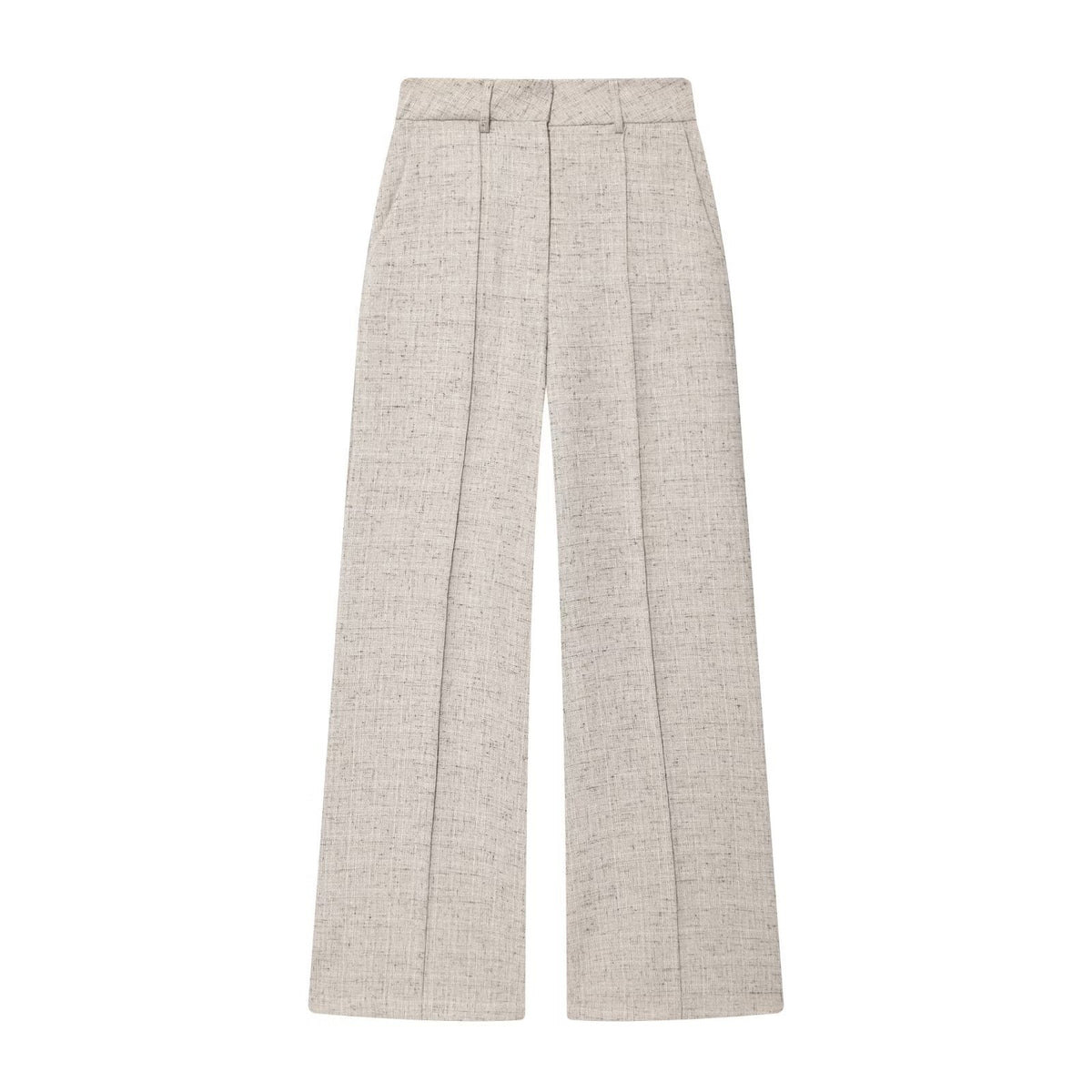 Damen High Waist Hose mit weitem Bein und Biesennaht – beige melierte Stoffhose