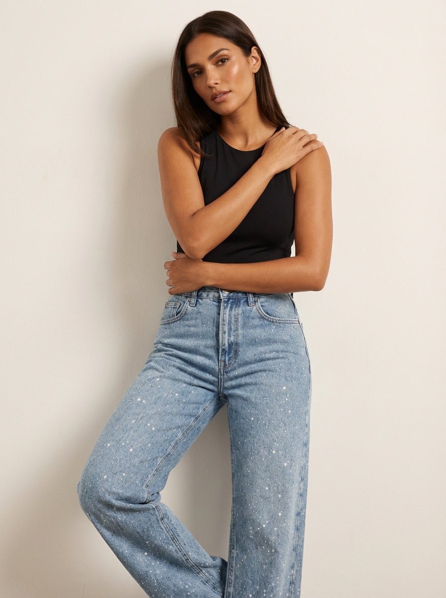 Damen Glitzer Jeans mit Strass – High Waist Straight Leg Jeans für Party & Silvester