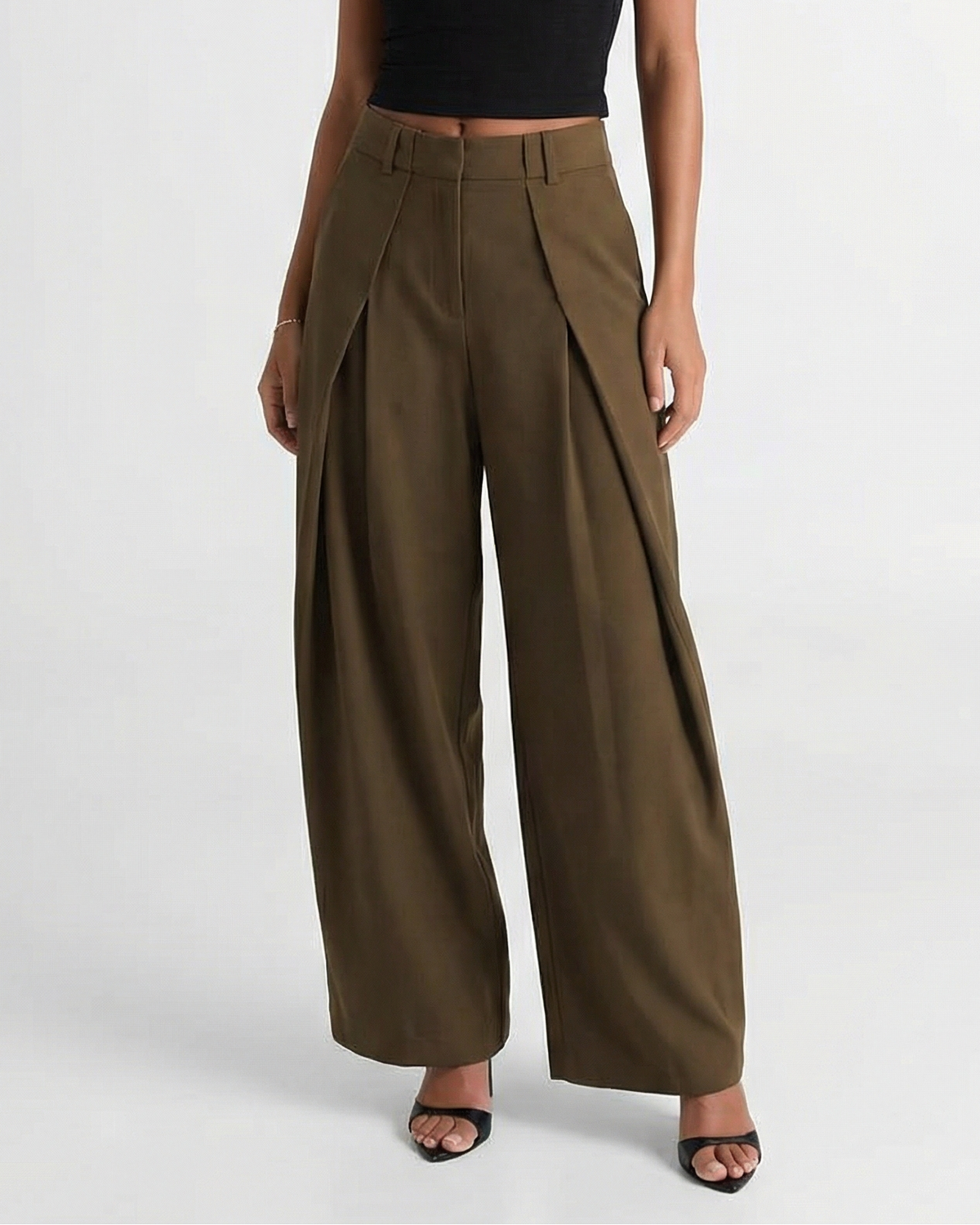 Damen Wide Leg Hose High Waist mit tiefen Bundfalten – Ballonhose in Khaki
