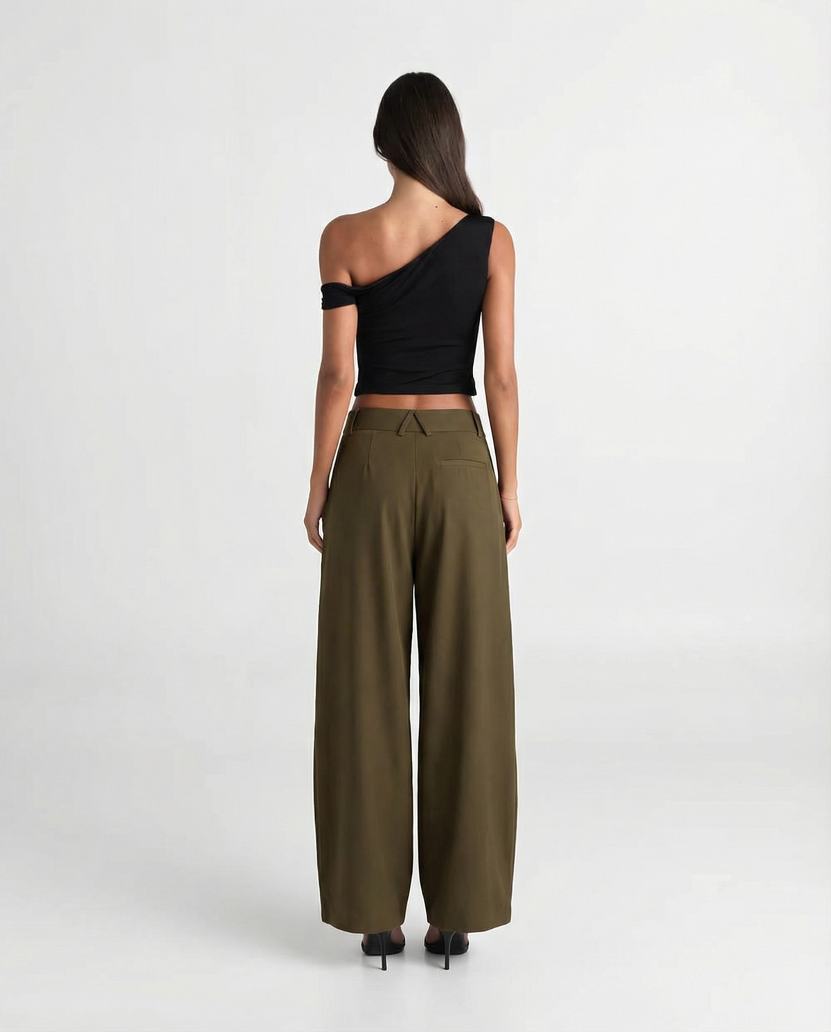 Damen Wide Leg Hose High Waist mit tiefen Bundfalten – Ballonhose in Khaki