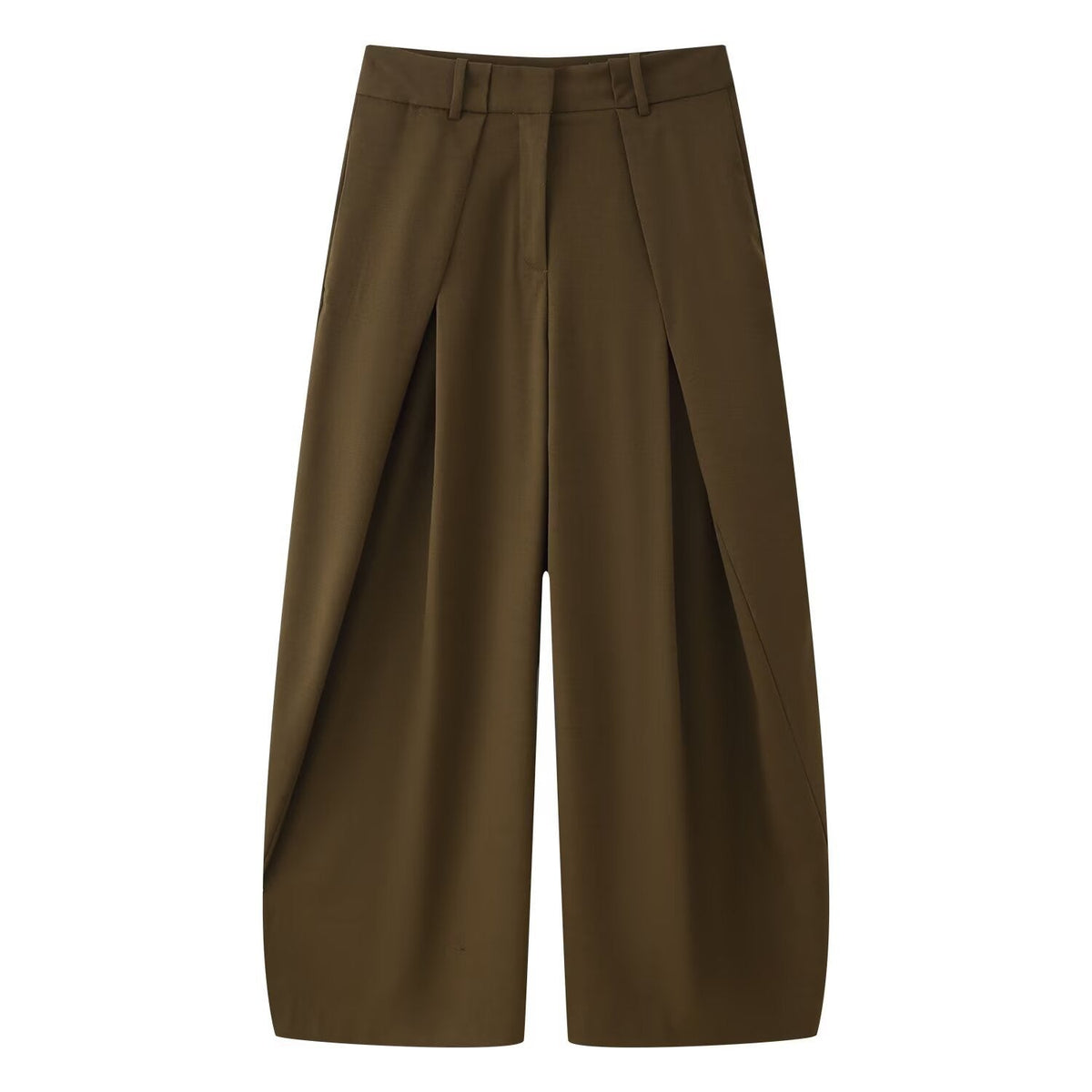Damen Wide Leg Hose High Waist mit tiefen Bundfalten – Ballonhose in Khaki