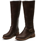 Damen Kniehohe Lederstiefel mit Schnallenriemen – Reiterstiefel mit Blockabsatz, Herbst Winter