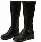Damen Kniehohe Lederstiefel mit Schnallenriemen – Reiterstiefel mit Blockabsatz, Herbst Winter