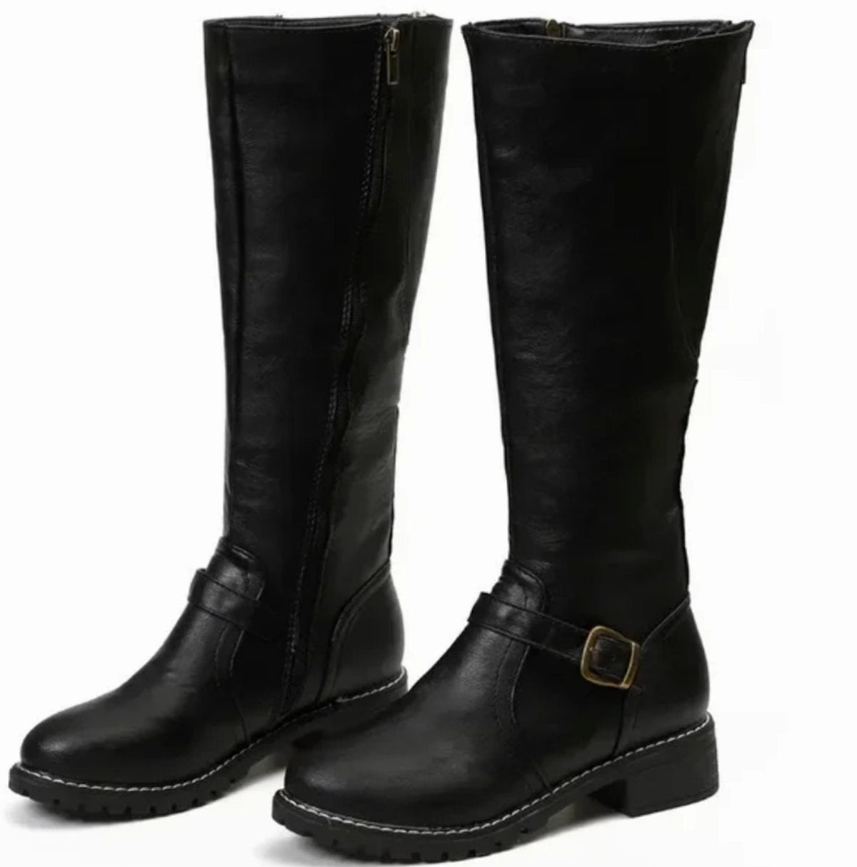 Damen Kniehohe Lederstiefel mit Schnallenriemen – Reiterstiefel mit Blockabsatz, Herbst Winter
