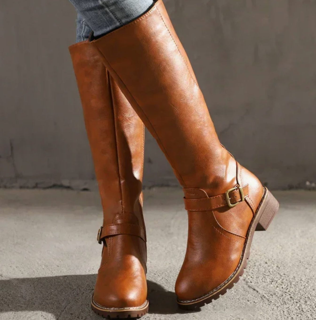 Damen Kniehohe Lederstiefel mit Schnallenriemen – Reiterstiefel mit Blockabsatz, Herbst Winter