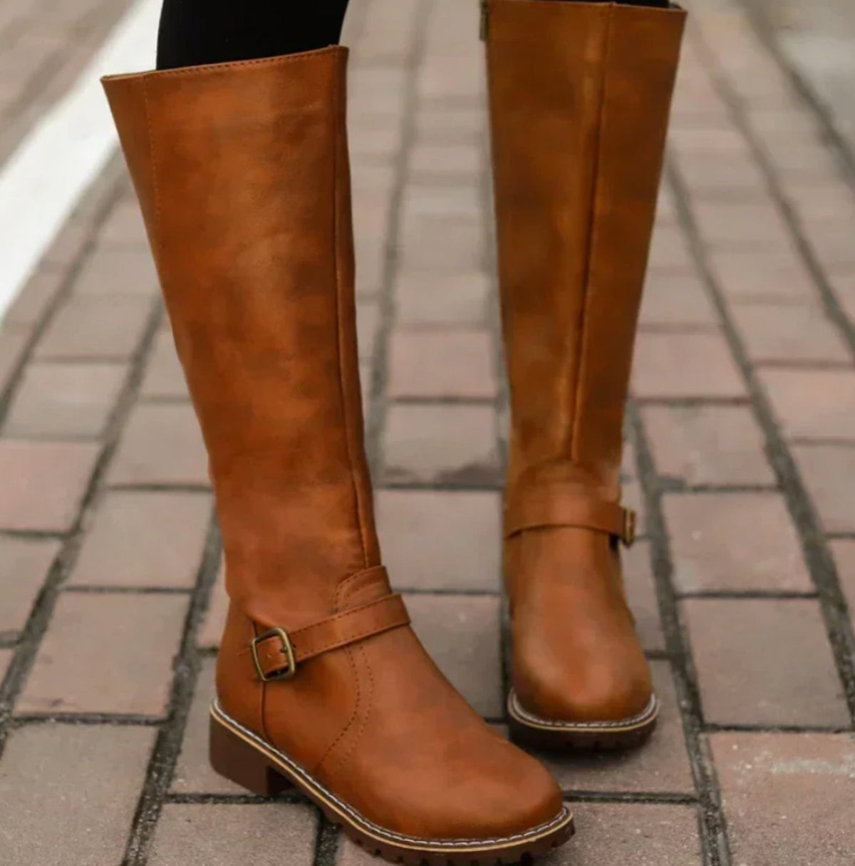 Damen Kniehohe Lederstiefel mit Schnallenriemen – Reiterstiefel mit Blockabsatz, Herbst Winter