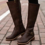 Damen Kniehohe Lederstiefel mit Schnallenriemen – Reiterstiefel mit Blockabsatz, Herbst Winter