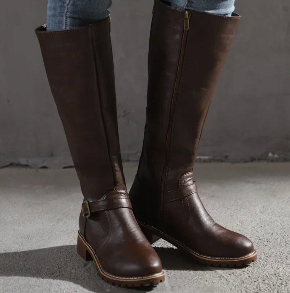 Damen Kniehohe Lederstiefel mit Schnallenriemen – Reiterstiefel mit Blockabsatz, Herbst Winter