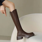 Damen Kniehohe Lederstiefel mit Reißverschluss hinten – Profilsohle, wahlweise mit Fell, Herbst Winter