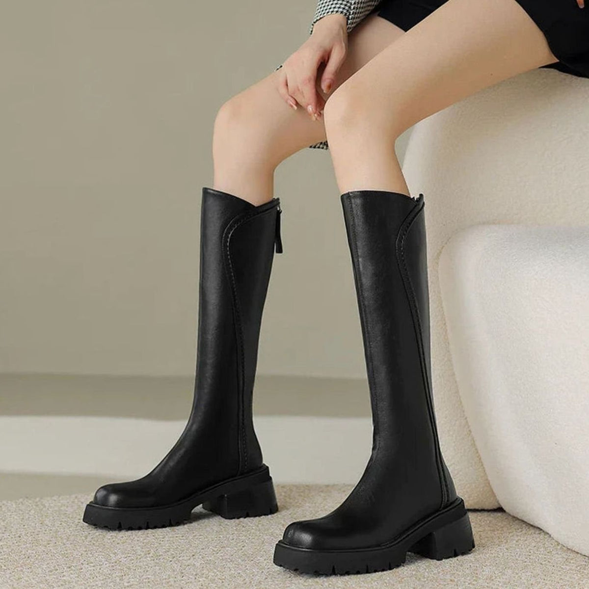 Damen Kniehohe Lederstiefel mit Reißverschluss hinten – Profilsohle, wahlweise mit Fell, Herbst Winter