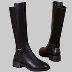 Damen Kniehohe Stiefel Schwarz aus Kunstleder mit goldener Schnalle – Stiefel mit Blockabsatz, Herbst Winter