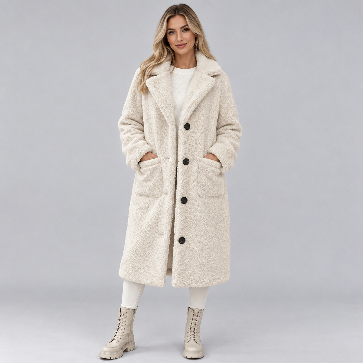 Damen Langer Teddymantel mit Knopfleiste – Flauschiger Kunstfellmantel mit Futter, Herbst Winter