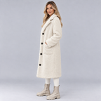 Damen Langer Teddymantel mit Knopfleiste – Flauschiger Kunstfellmantel mit Futter, Herbst Winter