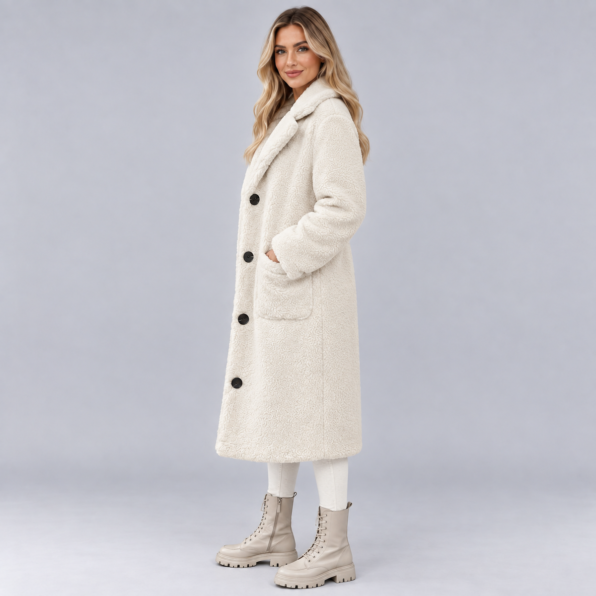 Damen Langer Teddymantel mit Knopfleiste – Flauschiger Kunstfellmantel mit Futter, Herbst Winter