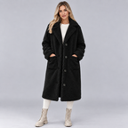 Damen Langer Teddymantel mit Knopfleiste – Flauschiger Kunstfellmantel mit Futter, Herbst Winter