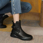 Damen Leder-Stiefeletten mit Schnalle – Flache Ankle Boots mit gepolsterter Plateausohle, Herbst Winter