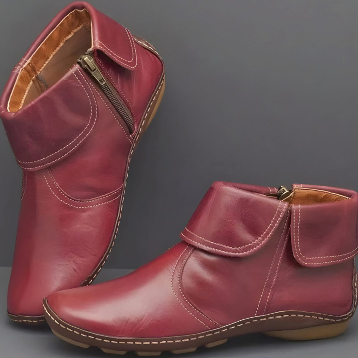 Damen Wasserdichte Leder-Stiefeletten mit Komfortfußbett – Flache Ankle Boots, Herbst Winter