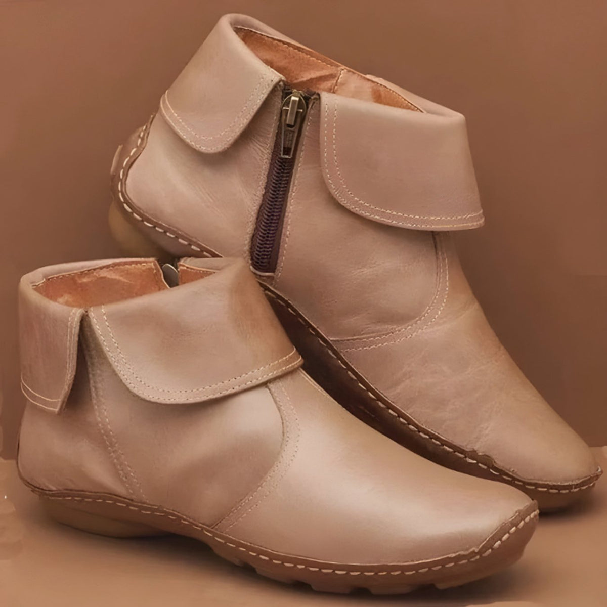 Damen Wasserdichte Leder-Stiefeletten mit Komfortfußbett – Flache Ankle Boots, Herbst Winter