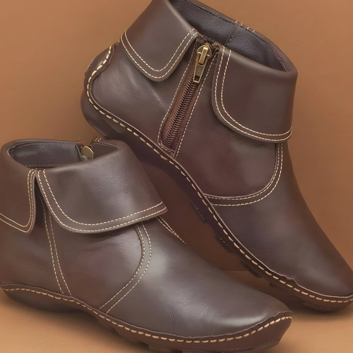 Damen Wasserdichte Leder-Stiefeletten mit Komfortfußbett – Flache Ankle Boots, Herbst Winter