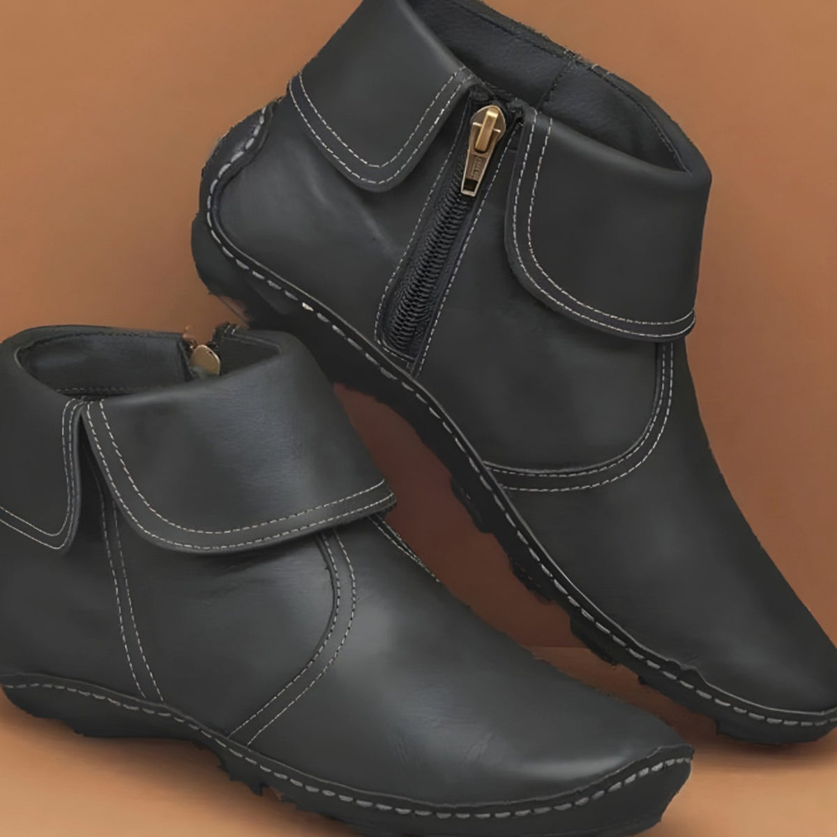 Damen Wasserdichte Leder-Stiefeletten mit Komfortfußbett – Flache Ankle Boots, Herbst Winter