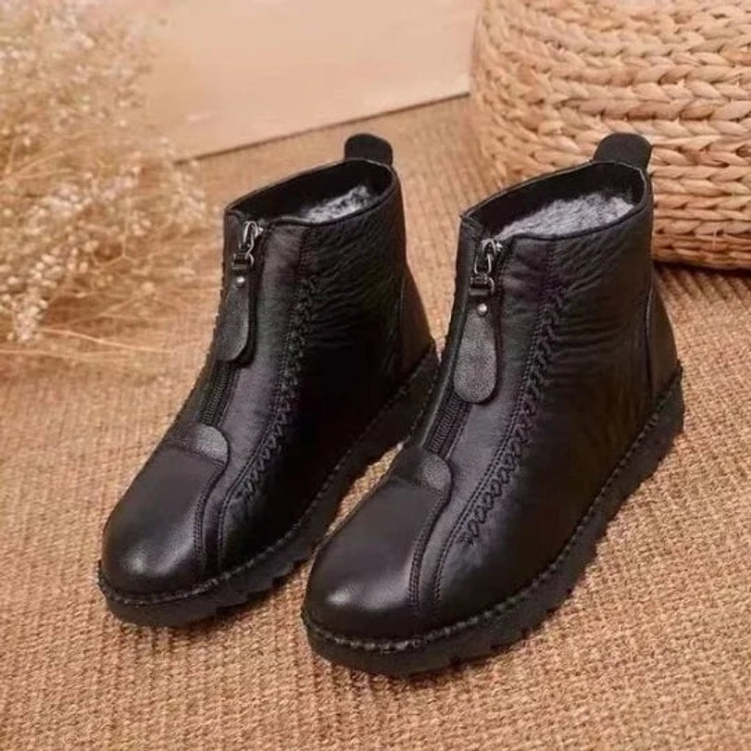 Damen Gefütterte Winterstiefeletten aus Leder – Warme Boots mit Fleecefutter und Reißverschluss