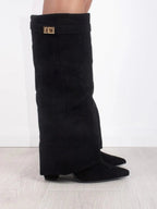 Damen Kniehohe Umschlagstiefel in Wildlederoptik – Faltstiefel mit goldener Schnalle, Herbst Winter