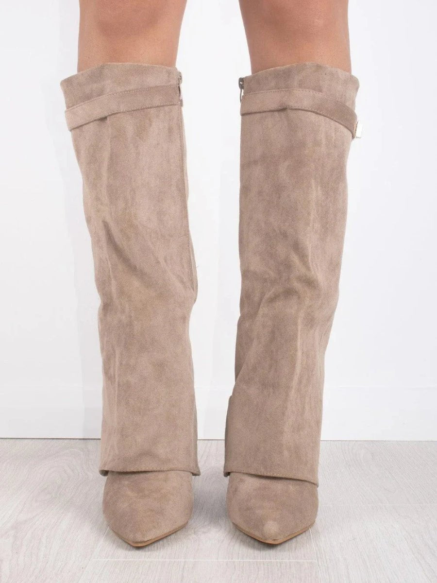 Damen Kniehohe Umschlagstiefel in Wildlederoptik – Faltstiefel mit goldener Schnalle, Herbst Winter