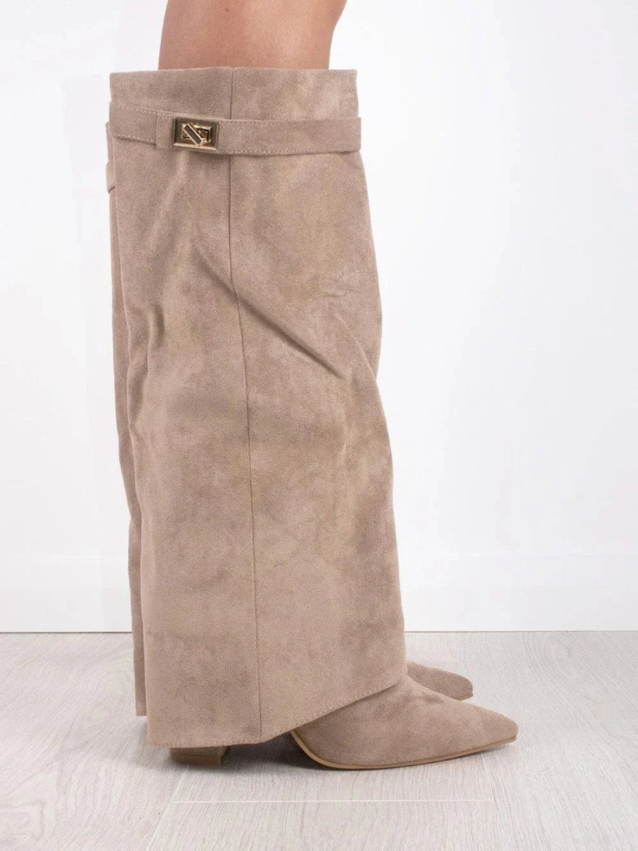 Damen Kniehohe Umschlagstiefel in Wildlederoptik – Faltstiefel mit goldener Schnalle, Herbst Winter