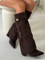 Damen Kniehohe Umschlagstiefel in Wildlederoptik – Faltstiefel mit goldener Schnalle, Herbst Winter