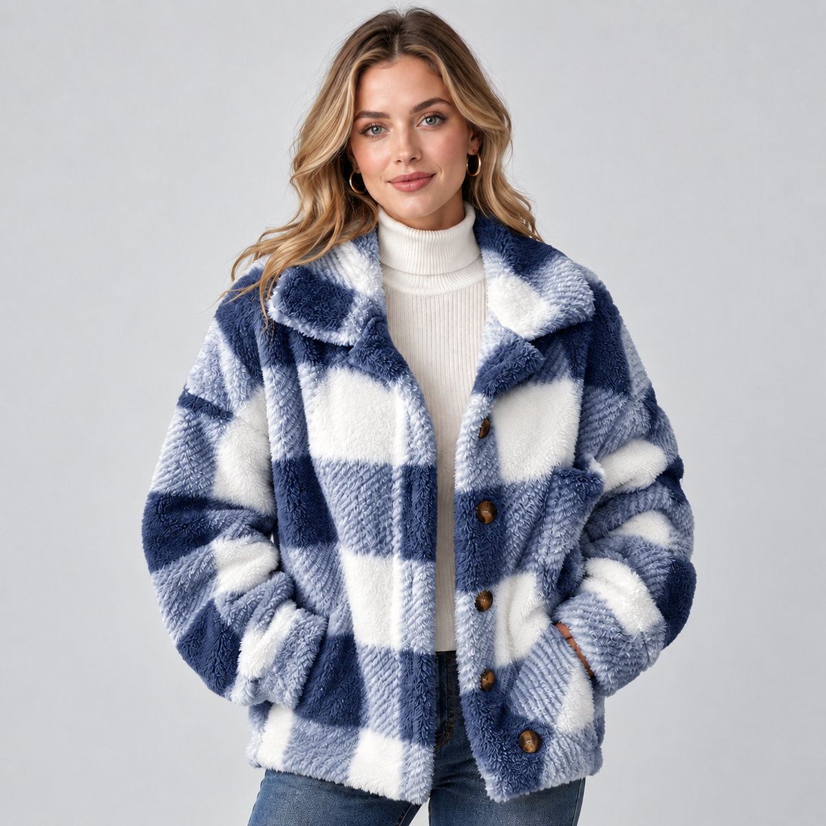 Damen Karierte Teddy-Hemdjacke – Oversize Shacket mit Knopfleiste, Herbst Winter
