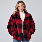 Damen Karierte Teddy-Hemdjacke – Oversize Shacket mit Knopfleiste, Herbst Winter