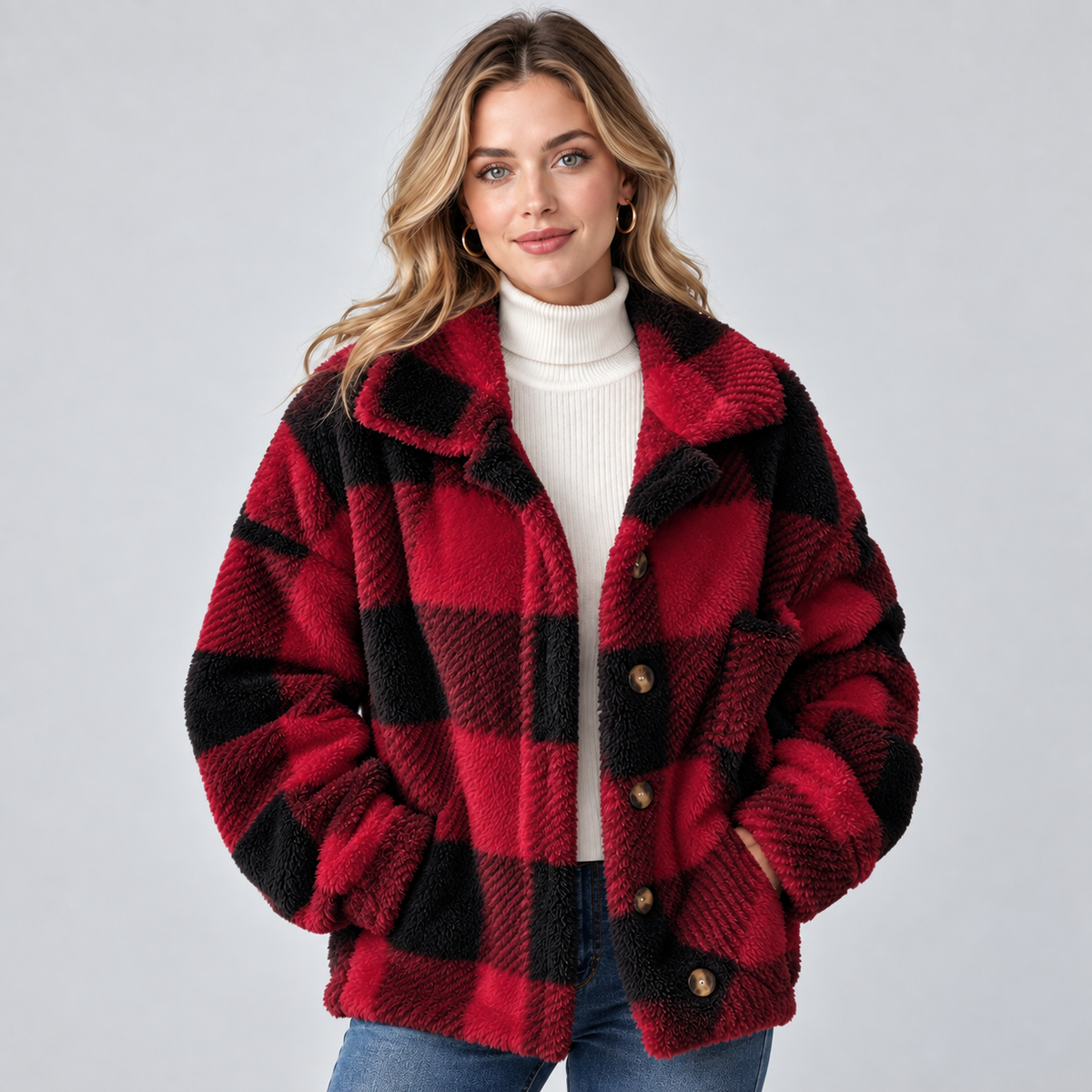 Damen Karierte Teddy-Hemdjacke – Oversize Shacket mit Knopfleiste, Herbst Winter