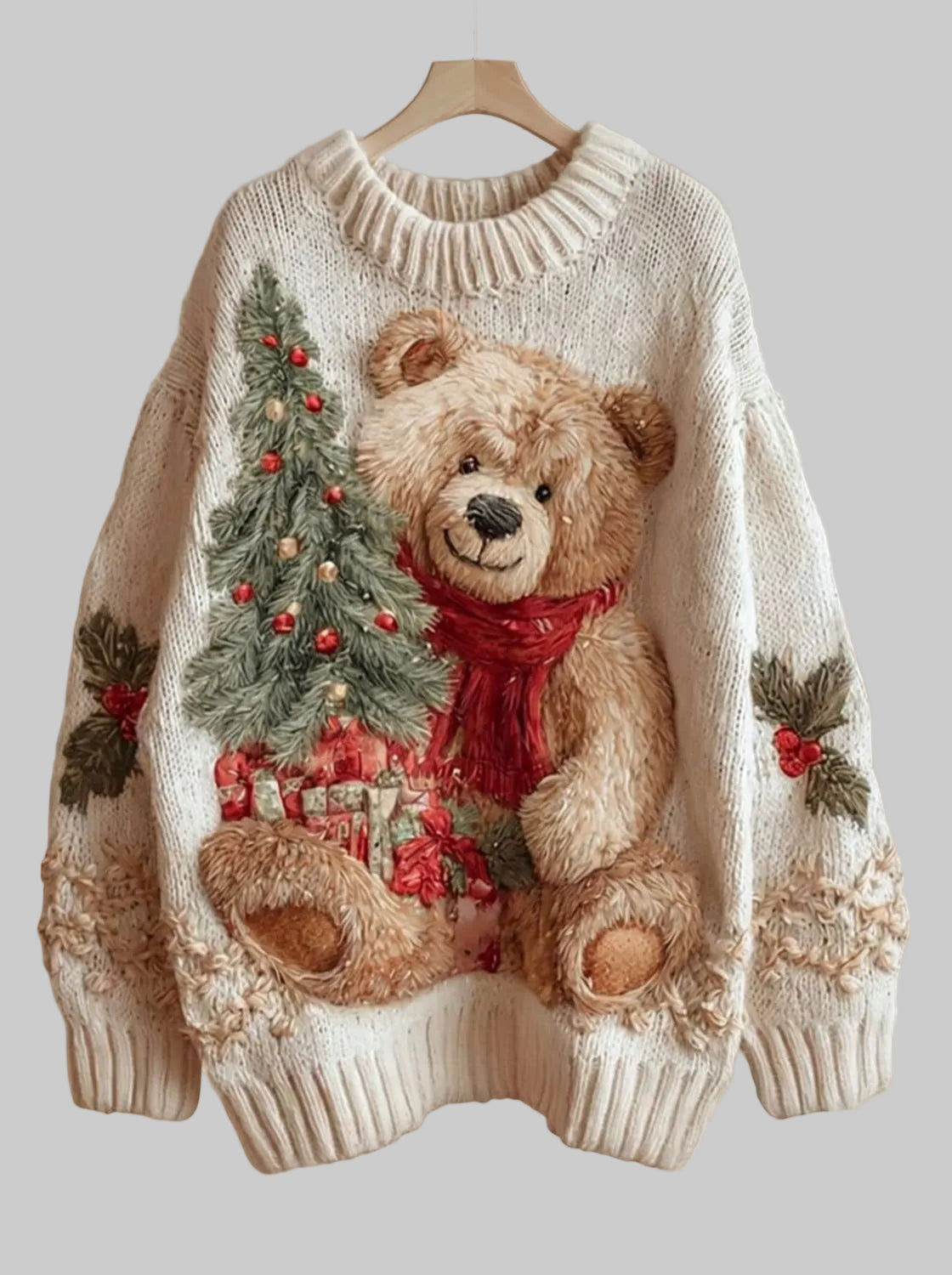 Damen Oversized Weihnachtspullover Creme mit Teddybär – Grobstrick Winterpullover