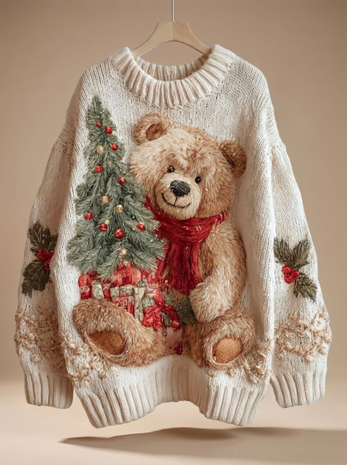 Damen Oversized Weihnachtspullover Creme mit Teddybär – Grobstrick Winterpullover