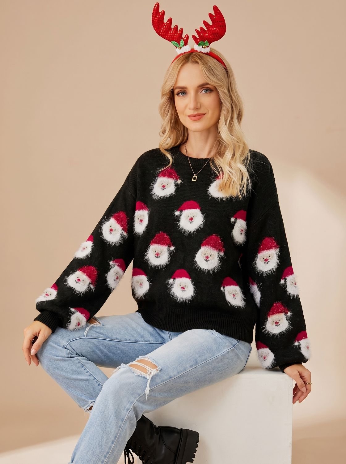 Damen Oversized Weihnachtspullover mit Weihnachtsmann-Muster – Strickpullover, Winter, Langarm