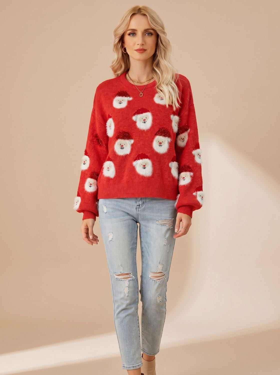 Damen Oversized Weihnachtspullover mit Weihnachtsmann-Muster – Strickpullover, Winter, Langarm