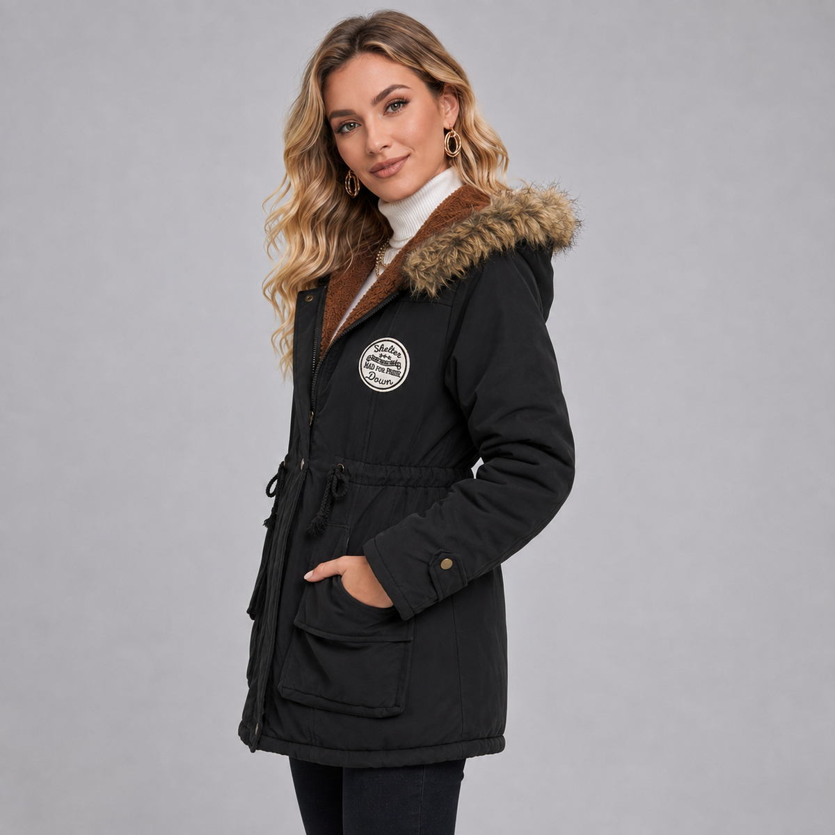 Damen Parka mit Kunstfellkapuze und Taillenzug – Gefütterte Winterjacke in Halblang