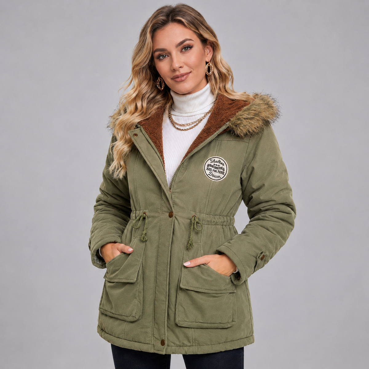 Damen Parka mit Kunstfellkapuze und Taillenzug – Gefütterte Winterjacke in Halblang
