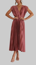Damen Plissee Maxikleid Abendkleid mit V-Ausschnitt