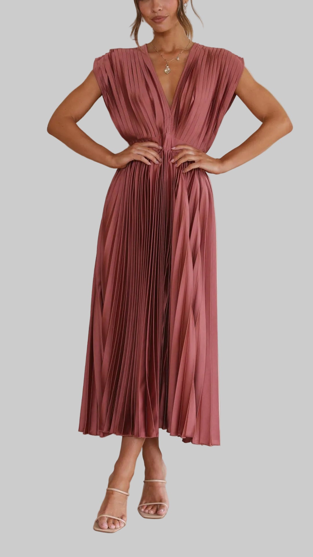 Damen Plissee Maxikleid Abendkleid mit V-Ausschnitt
