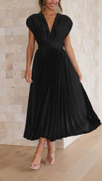 Damen Plissee Maxikleid Abendkleid mit V-Ausschnitt