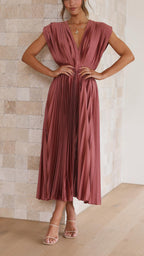 Damen Plissee Maxikleid Abendkleid mit V-Ausschnitt