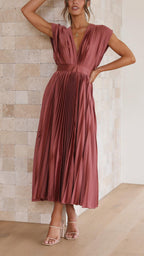 Damen Plissee Maxikleid Abendkleid mit V-Ausschnitt