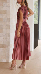 Damen Plissee Maxikleid Abendkleid mit V-Ausschnitt