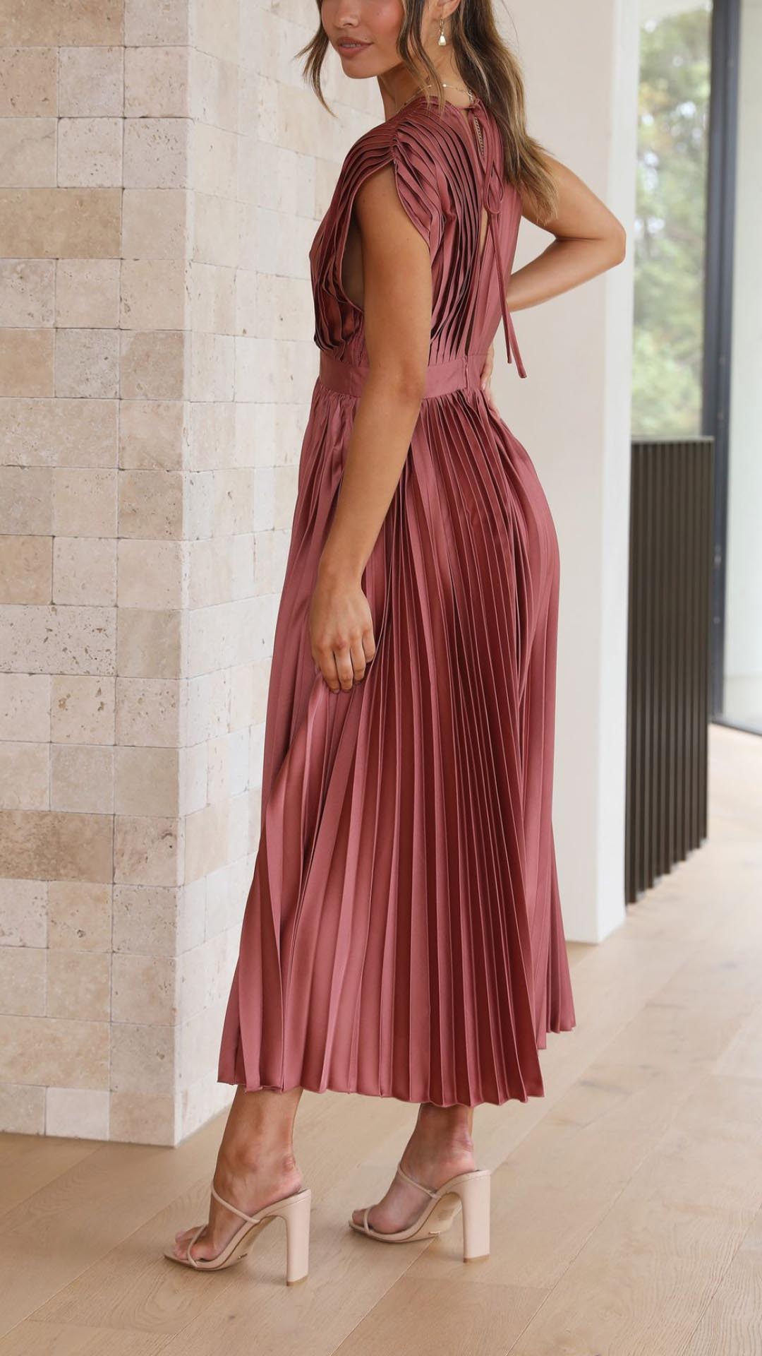 Damen Plissee Maxikleid Abendkleid mit V-Ausschnitt