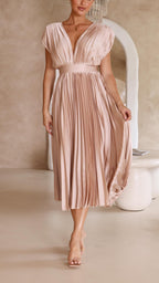 Damen Plissee Maxikleid Abendkleid mit V-Ausschnitt