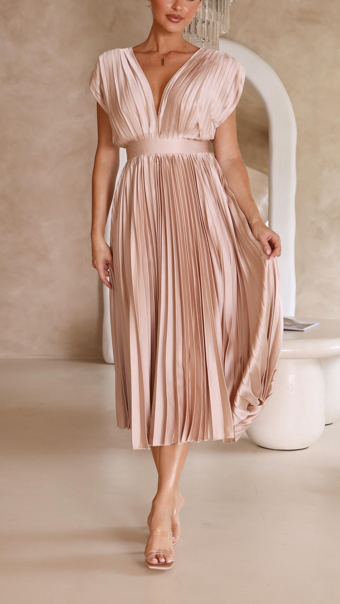 Damen Plissee Maxikleid Abendkleid mit V-Ausschnitt