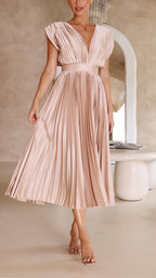 Damen Plissee Maxikleid Abendkleid mit V-Ausschnitt